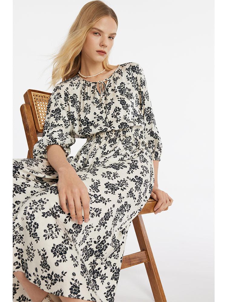 Camellia Print Gathered Waist Women Midi Dress Product Image