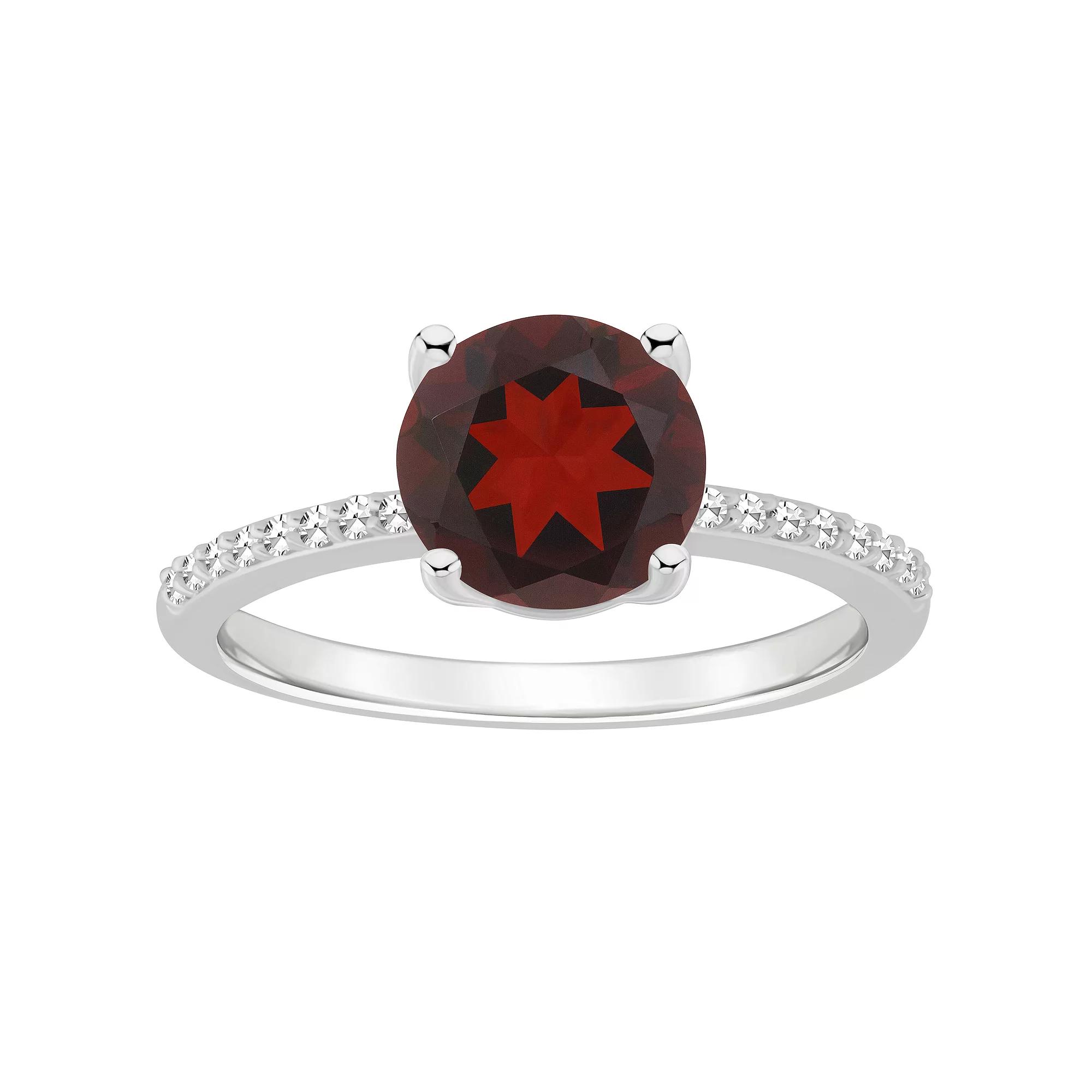 Alyson Layne Sterling Silver 8 mm Round Gemstone & 1/10 Carat T.W. Diamond Ring, Women's, Size: 5, Red Product Image