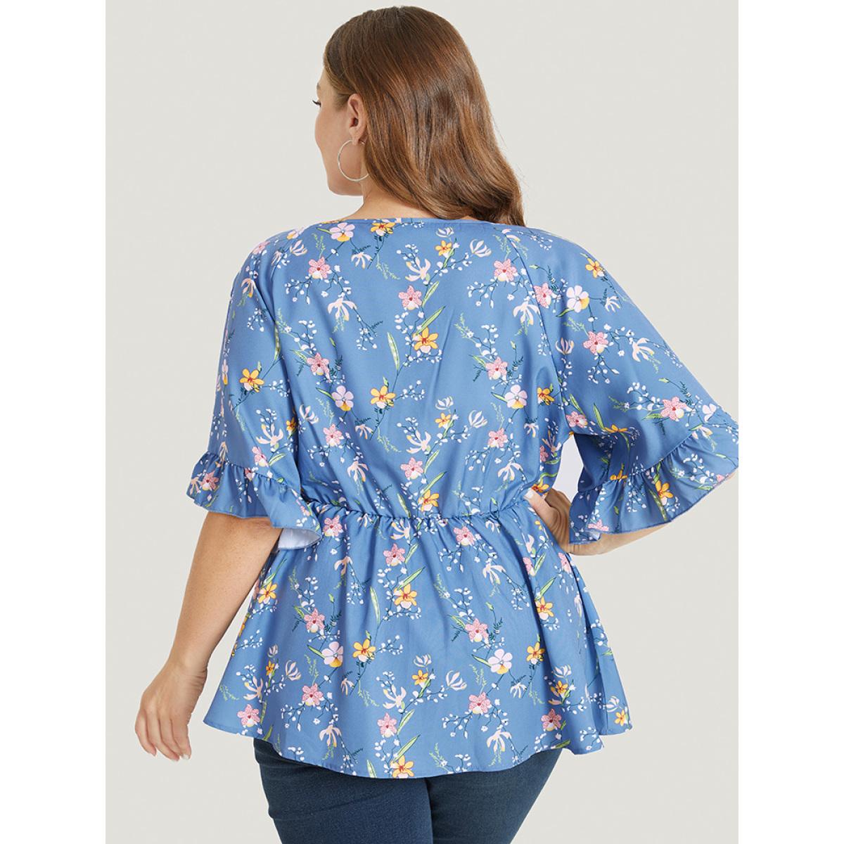 Plus Size Stone Floral Print Ruffles Flounce Sleeve Surplice Neck Blouse Women Elegant Short sleeve V-neck Dailywear Blouses BloomChic 12/L Product Image