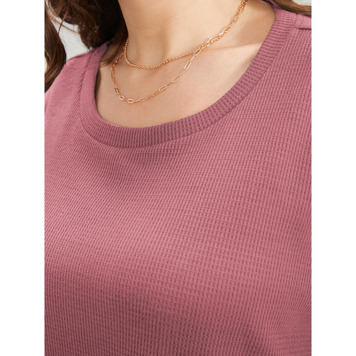 Plus Size Plain Round Neck Button Detail Waffle Knit Tee DustyPink Women Casual Button Plain Round Neck Dailywear T-shirts BloomChic 30/6X Product Image