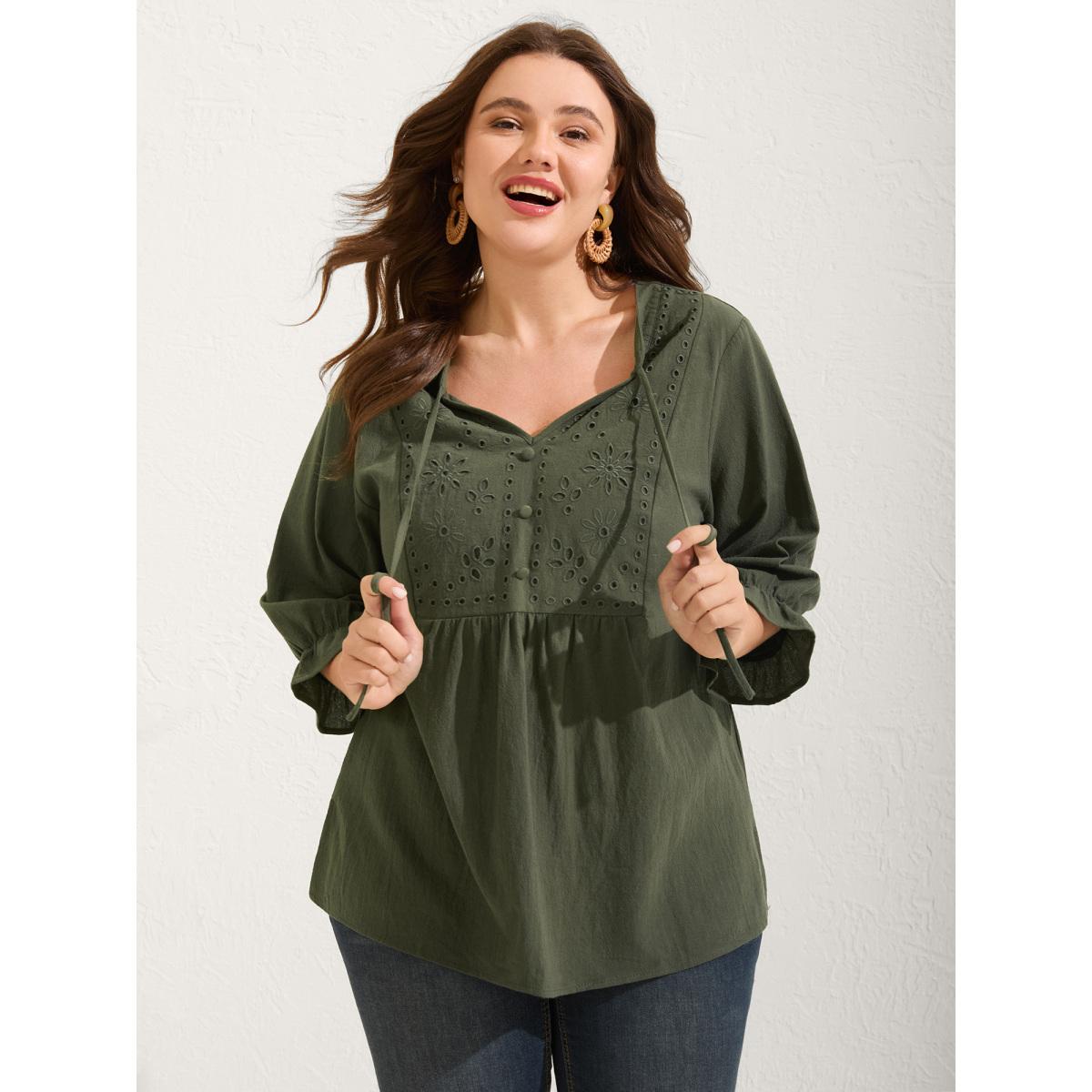 Plus Size ArmyGreen Broderie Anglaise Tie Knot Lantern Sleeve Blouse Women Boho Elbow-length sleeve Notched collar Vacation Blouses BloomChic 28/5X Product Image