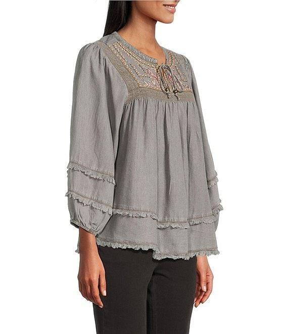 Multiples Petite Size Embroidered Band Collar 3/4 Sleeve Fringe Hem Top Product Image