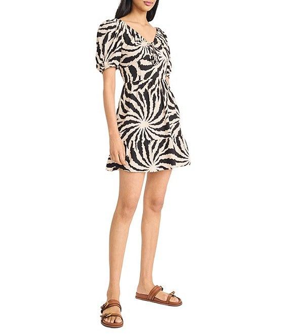 The Good Journey V-Neck Short Puff Sleeve Crepe De Chine Abstract Animal Tiered Fit & Flare Dress Product Image