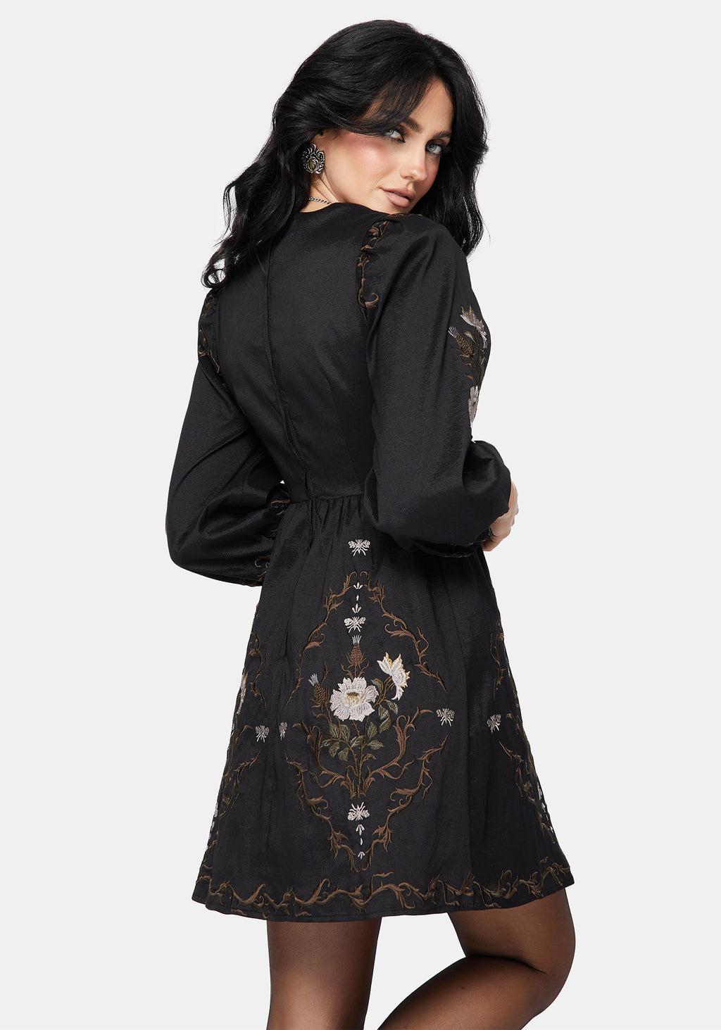 Vine Floral Embroidered Long Sleeve Mini Dress Product Image