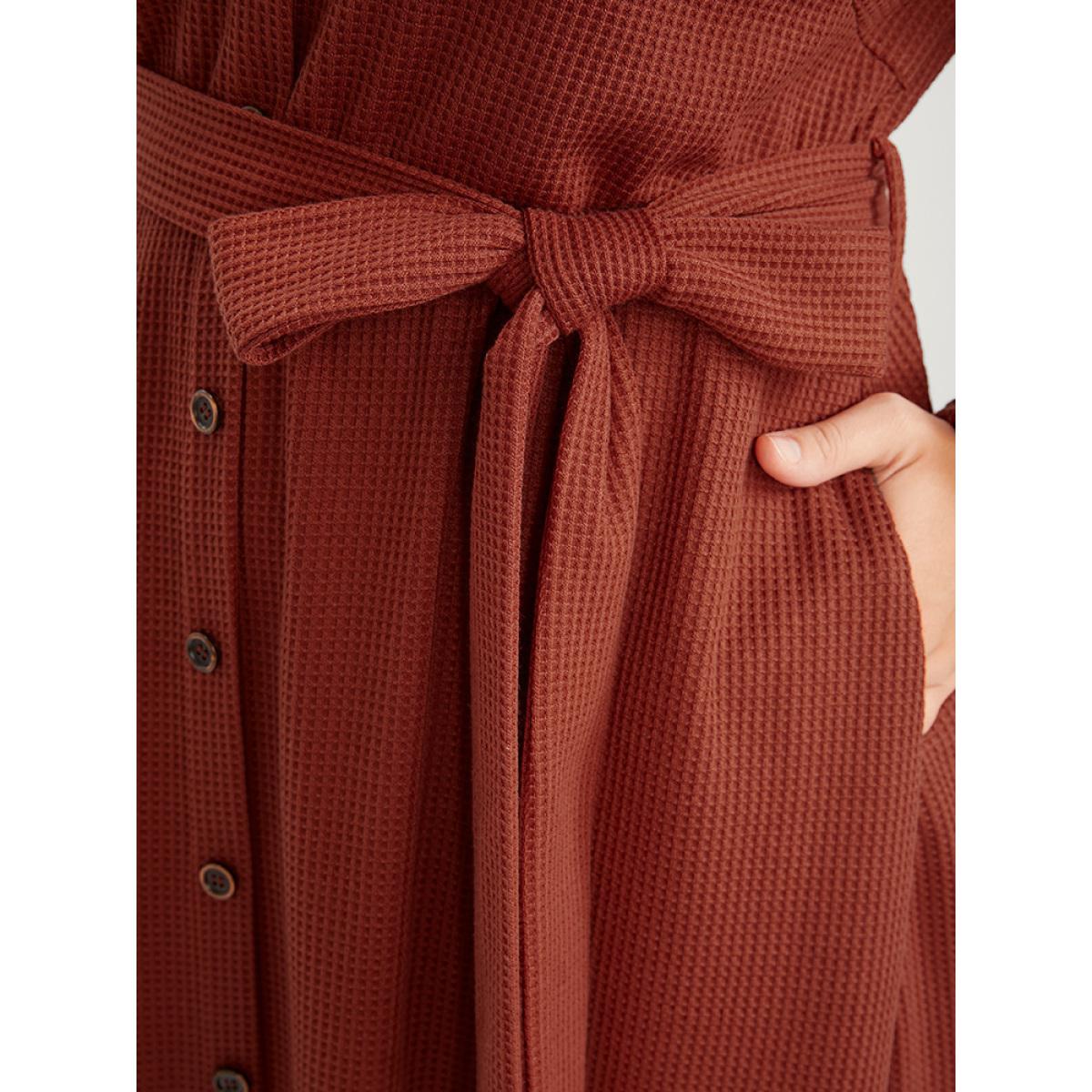 Plus Size Solid Lantern Sleeve Pocket Button Detail Waffle Knit Belted Dress Rust Women Elegant Button V-neck Long Sleeve Curvy Long Dress BloomChic 10/M Product Image