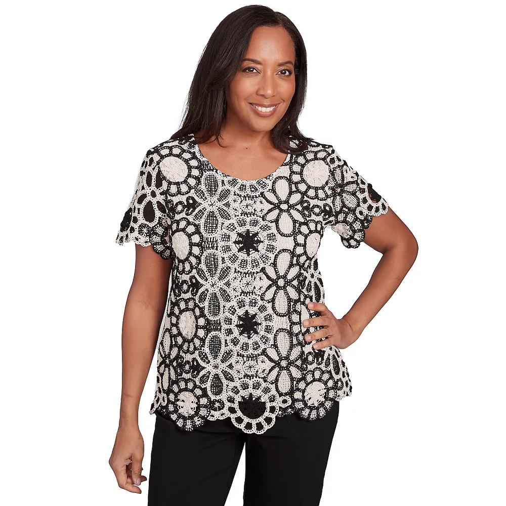 Alfred Dunner Women's Crochet Flower Tee, Size: Large, Neutral Team Product Image