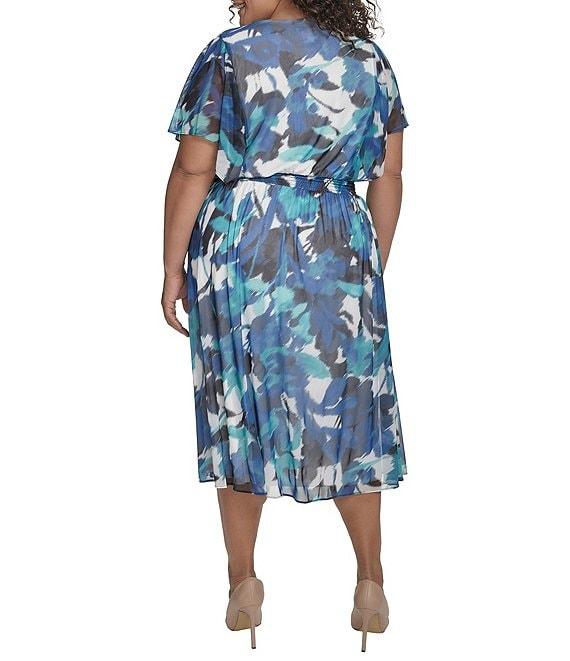 DKNY by Donna Karan Plus Size Short Sleeve Printed Blouson Midi Dress Product Image