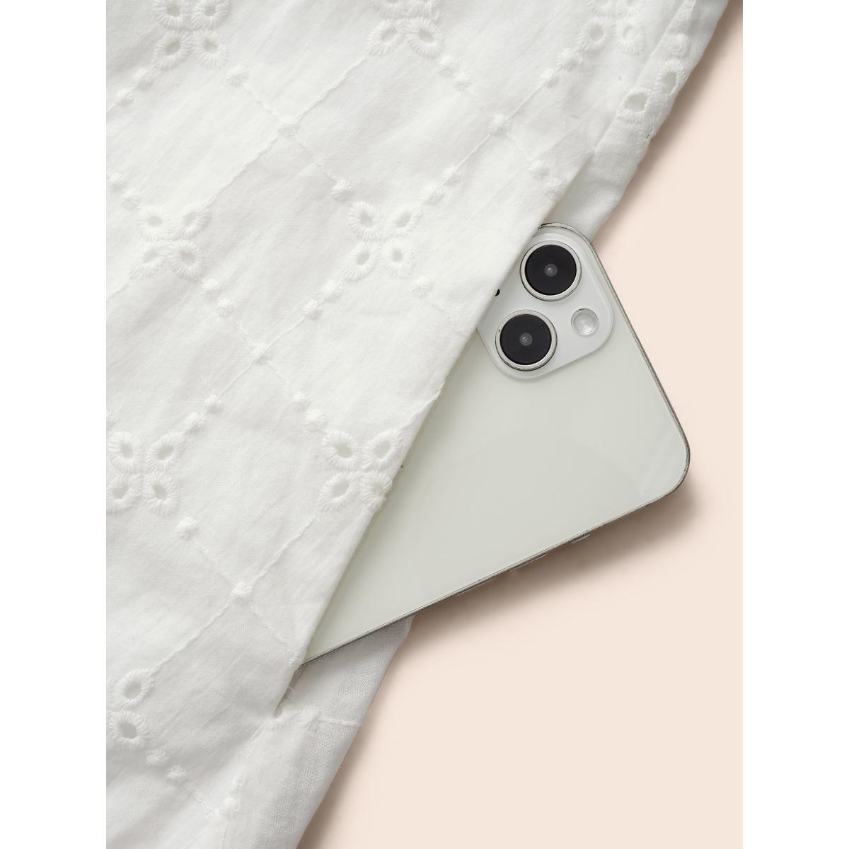 Plus Size Solid Broderie Anglaise Tie Knot Dress Originalwhite Women Casual Tie knot Round Neck Elbow-length sleeve Curvy BloomChic 10/M Product Image