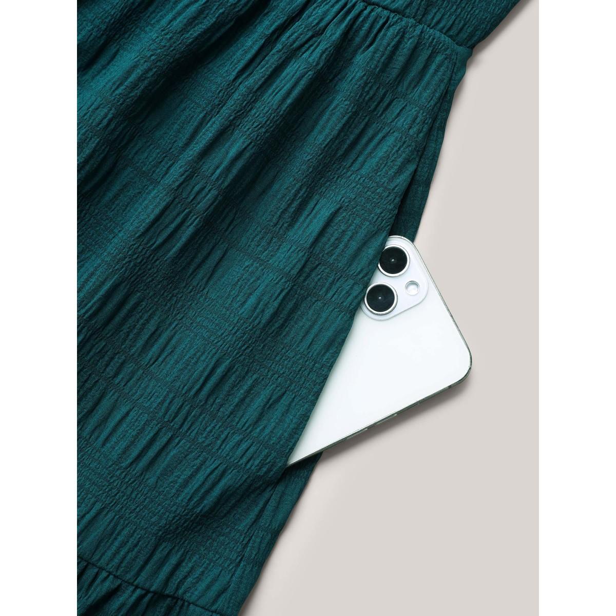 Plus Size Stretchy Waist Frill Trim Pockets Midi Dress Teal Women Timeless Tie knot Flat collar with V-notch Short sleeve Curvy BloomChic 18-20/2X Product Image