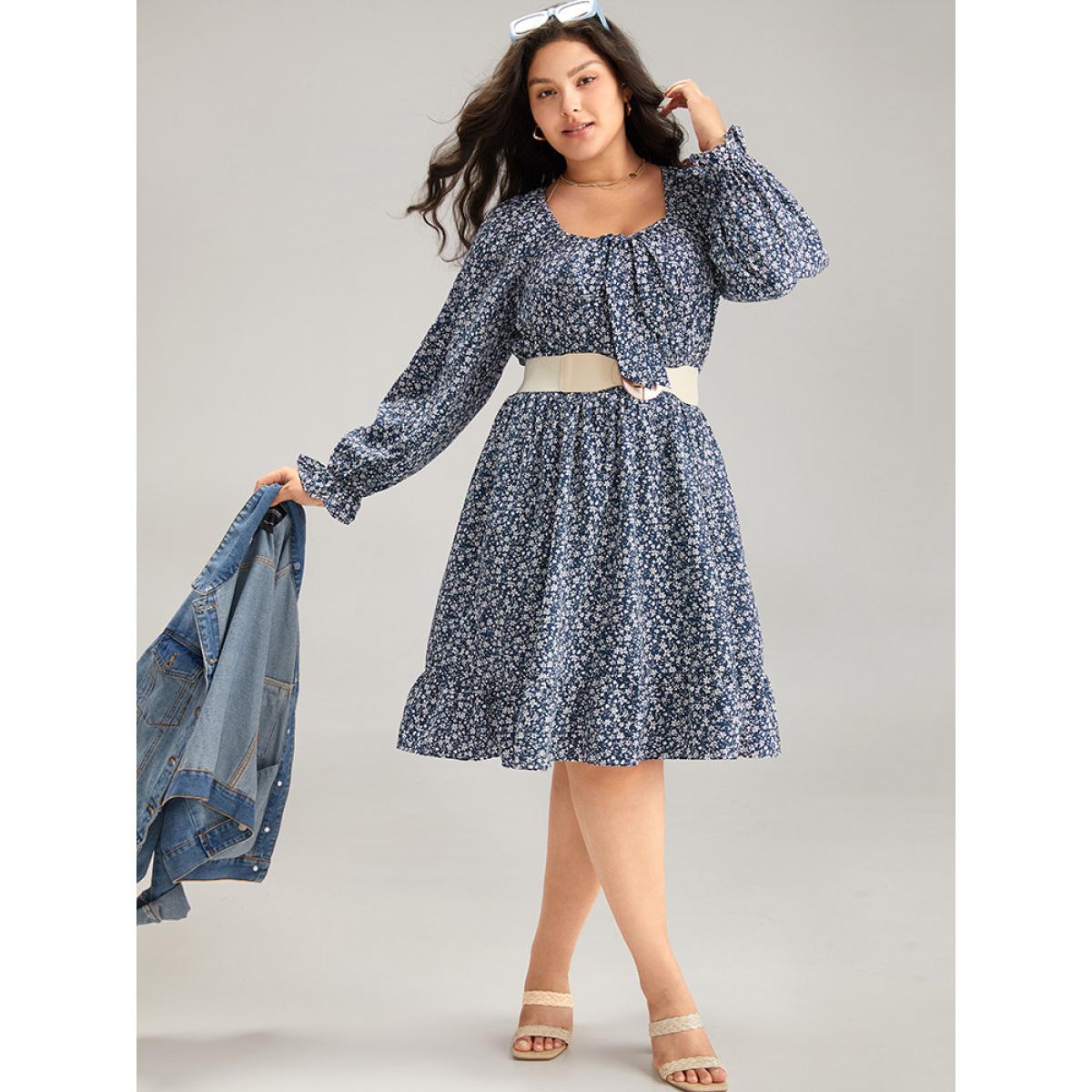 Plus Size Ditsy Floral Flutter Trim Shirred Knot Neck Dress Stone Women Elegant Cross straps Tie Neck Long Sleeve Curvy Knee Dress BloomChic 10/M Product Image