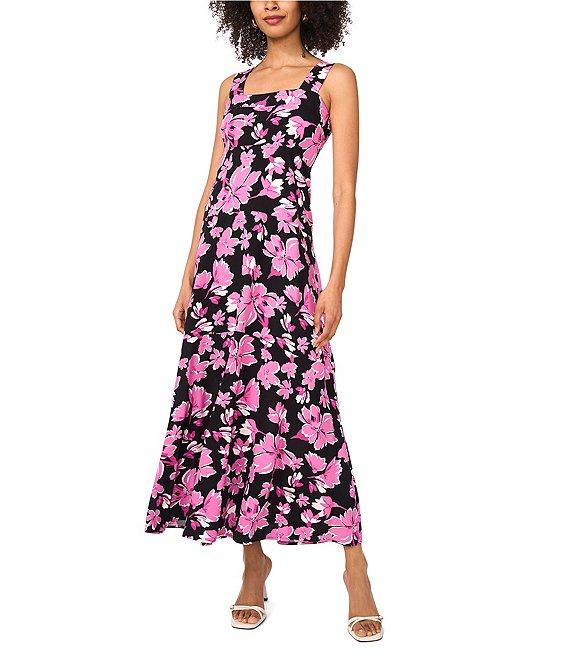 Vince Camuto Woven Floral Print Square Neck Sleeveless Tiered Maxi Shift Dress Product Image