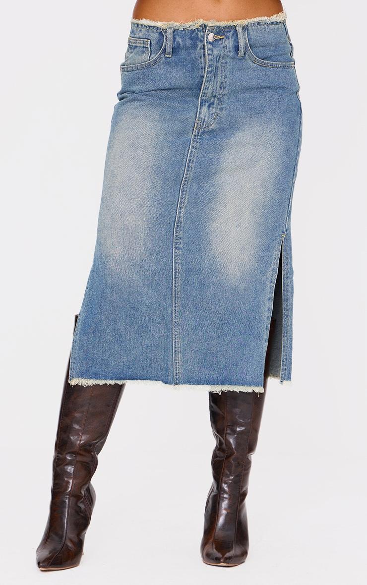 Vintage Wash Side Split Raw Hem Denim Midi Skirt Product Image