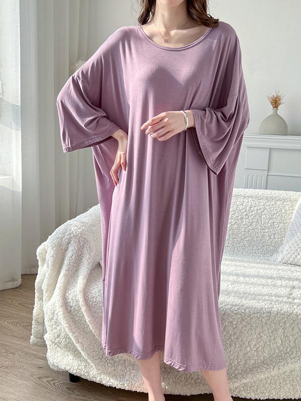 High Waisted Loose Solid Color Split-Joint Round-Neck Pajama Dress Product Image