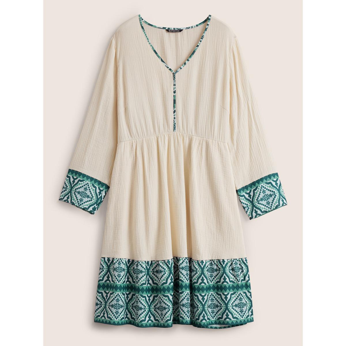 Plus Size Boho Print Patchwork Elastic Waist Texture Dress Apricot Women Resort Non V-neck Long Sleeve Curvy Knee Dress BloomChic 10/M Product Image