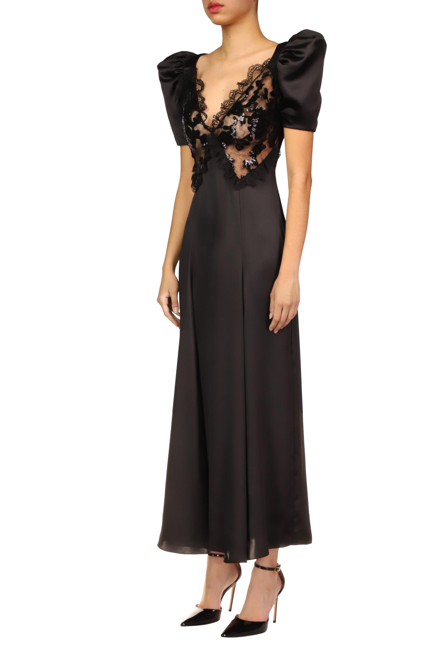 Black Silk Satin Puff Sleeve Dress With Sequin Detail Product Image
