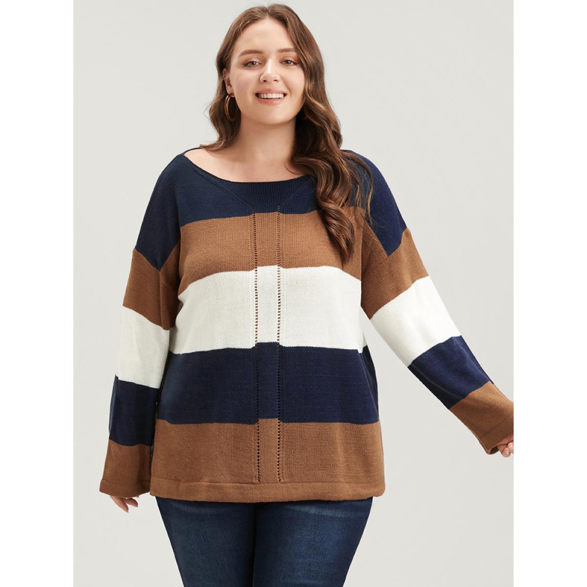 Plus Size Colorblock Contrast Pointelle Knit Eyelet Split Hem Knit Top Midnight Women Casual Loose Long Sleeve Round Neck Dailywear Pullovers BloomChic 18-20/2X Product Image