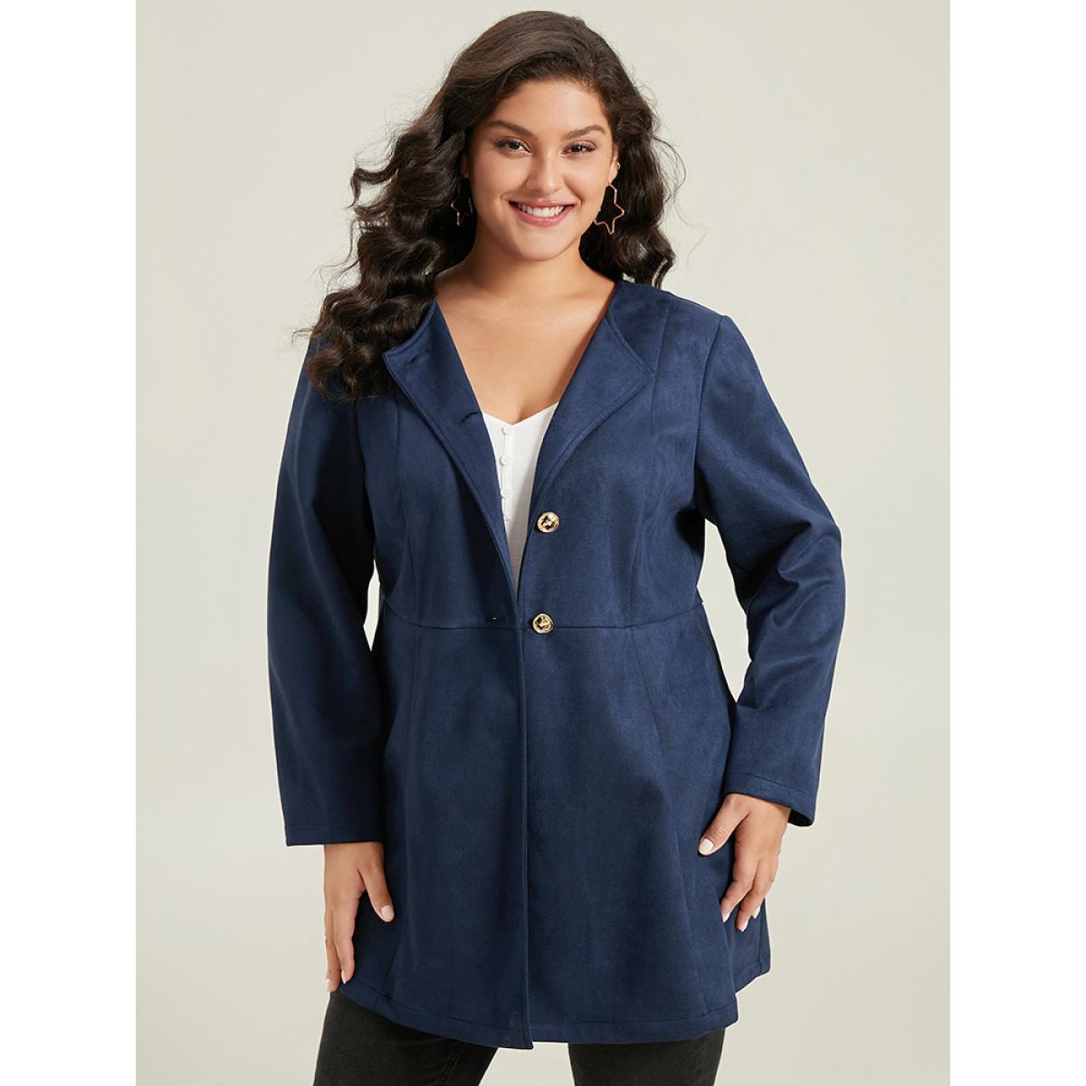Plus Size Plain Pleated Metal Detail Jacket Women DarkBlue Casual Plain Ladies Dailywear Winter Coats BloomChic 22-24/3X Product Image