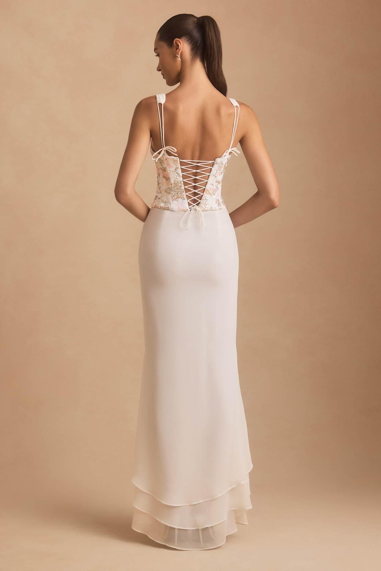 Embellished Plunge Ruffled Corset Maxi Dress in Ivory Product Image