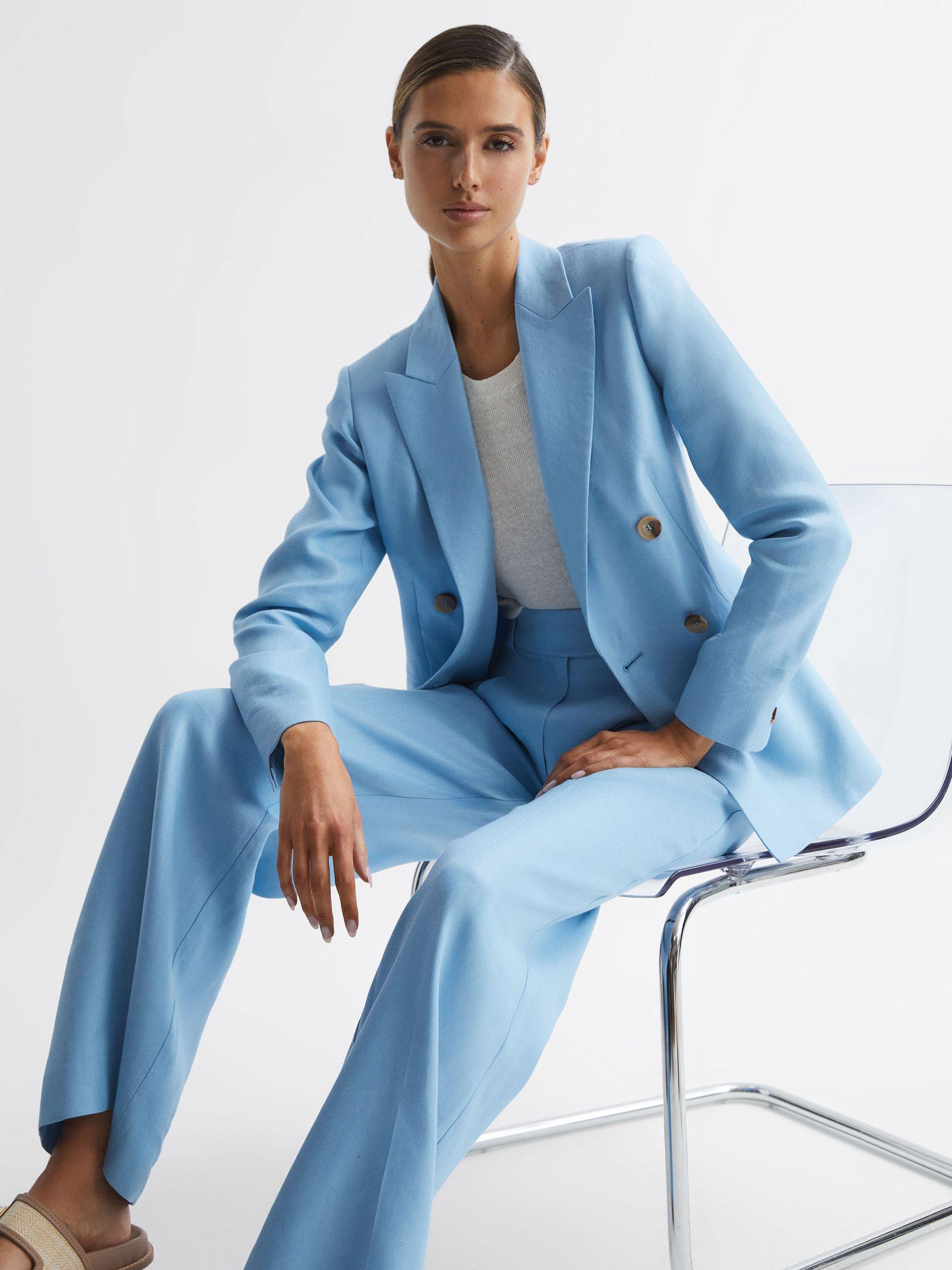 Wide Leg Linen Trousers in Blue Product Image