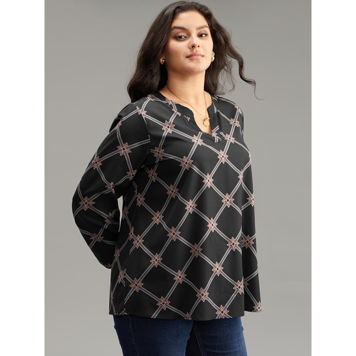 Plus Size BlackFlower Plaid Notched Elastic Cuffs Blouse Women Office Long Sleeve Notched collar Office Blouses BloomChic 18-20/2X Product Image