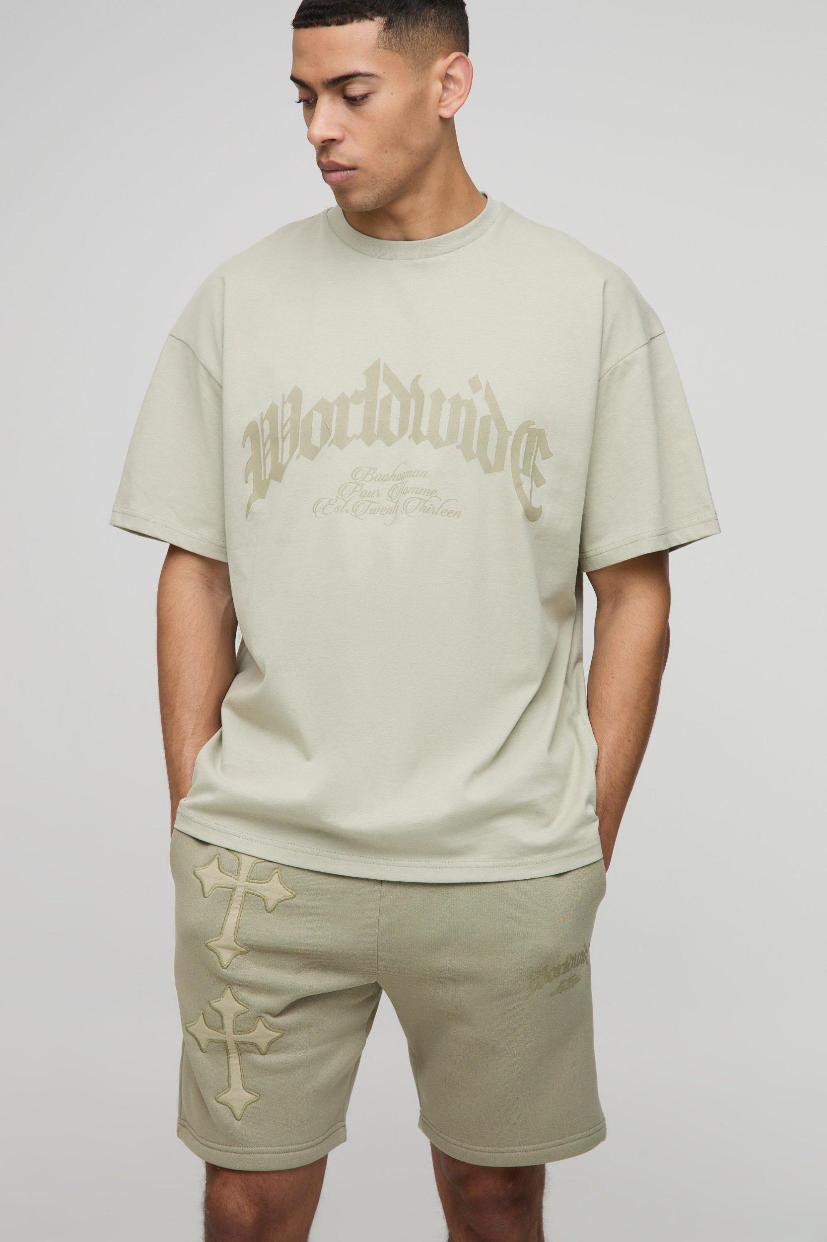Oversized Cross Applique T-Shirt & Short Set | boohooMAN USA Product Image
