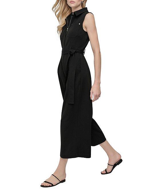 DKNY by Donna Karan Solid Scuba Crepe Collar Neck Sleeveless Cargo Jumpsuit Product Image