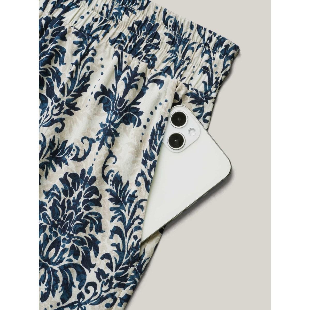 Plus Size Damask Print Tassel Straight-Leg Pants Women DarkBlue Boho Wide Leg Mid Rise Vacation Pants BloomChic 30/6X Product Image