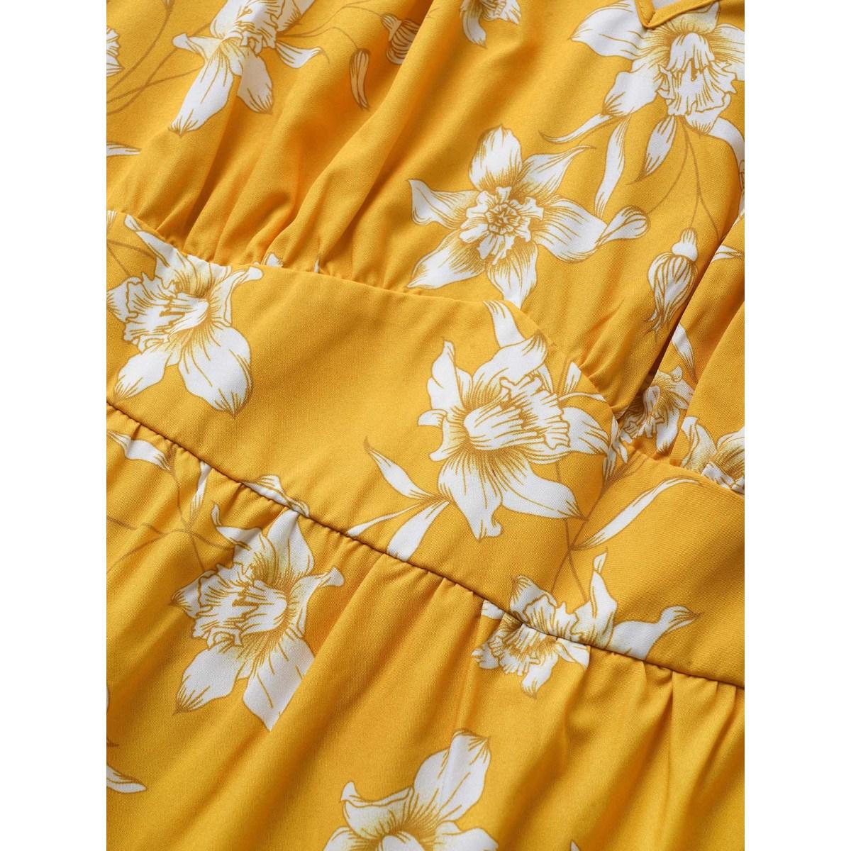 Plus Size Floral Print Knot Neck Patchwork Ruffle Sleeve Dress Yellow Women Elegant Non V-neck Short sleeve Curvy Midi Dress BloomChic 18-20/2X Product Image