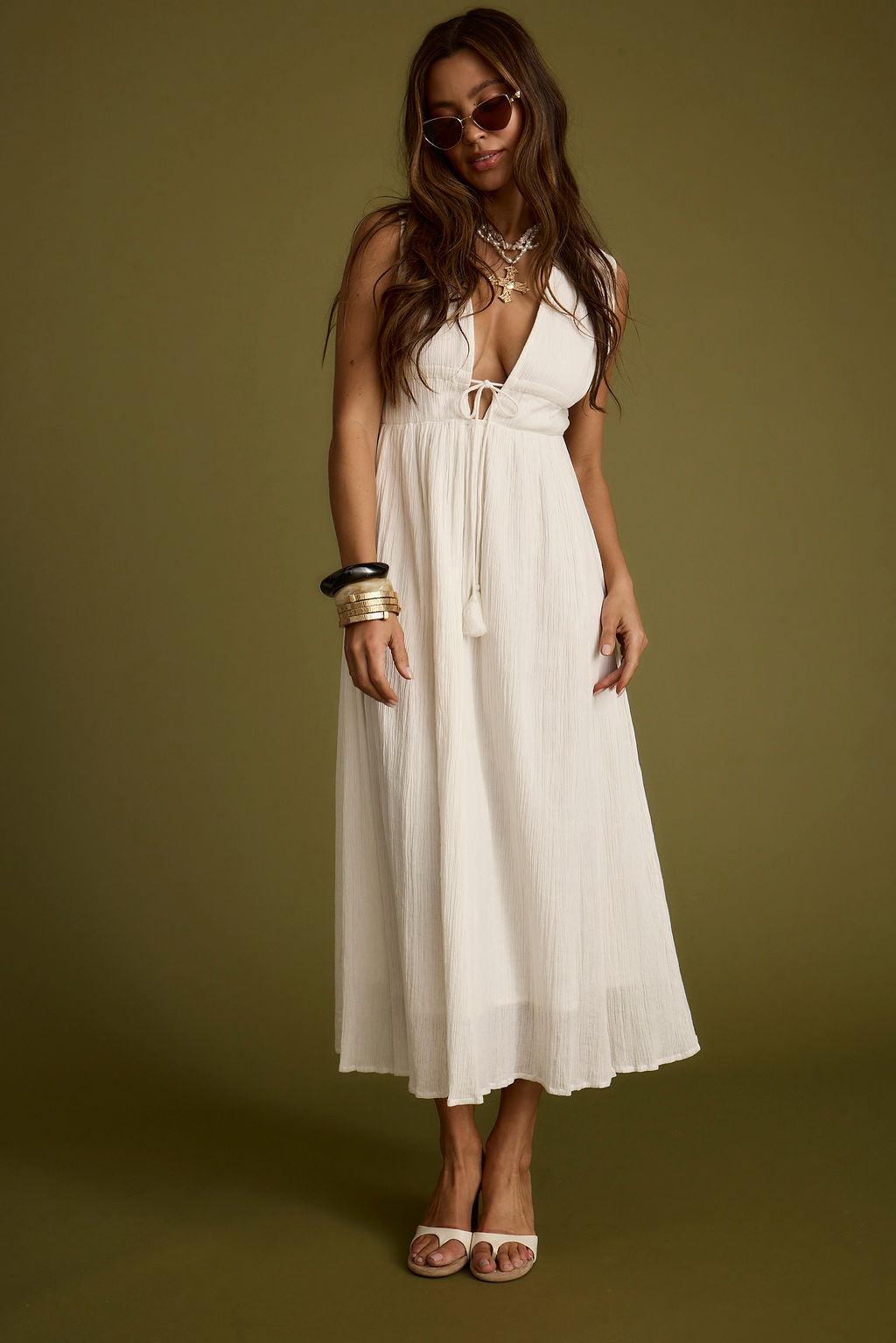 Turks Plunge White Gauze Maxi Dress Product Image