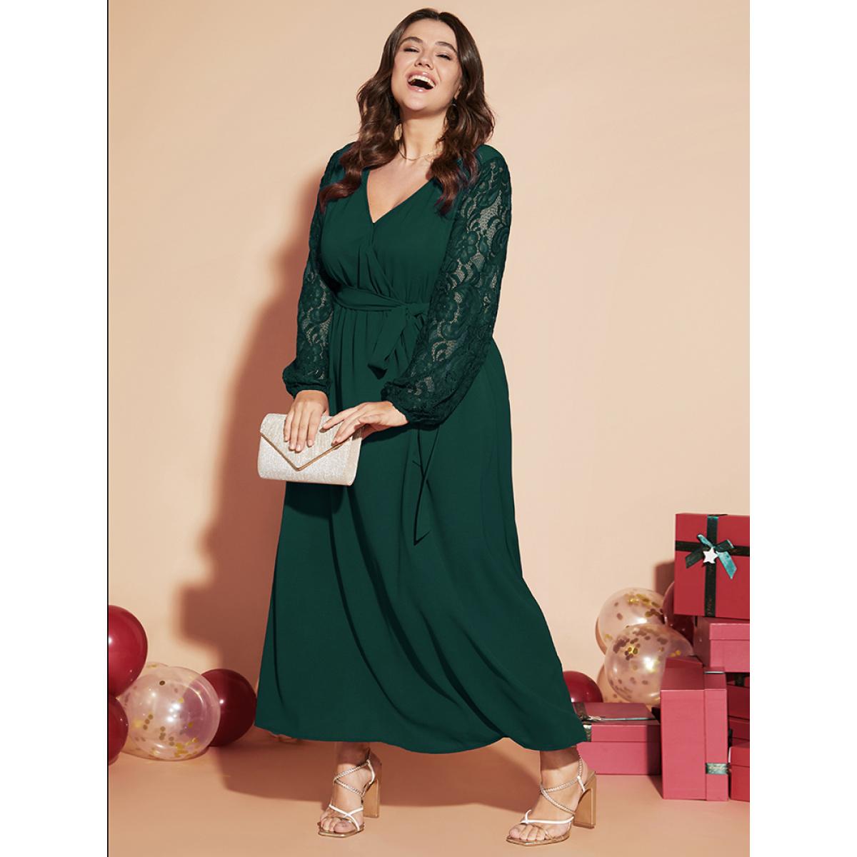 Plus Size Solid Wrap Pocket Lantern Sleeve Lace Belted Maxi Dress DarkGreen Women Elegant V-neck Long Sleeve Curvy Long Dress BloomChic 14-16/1X Product Image