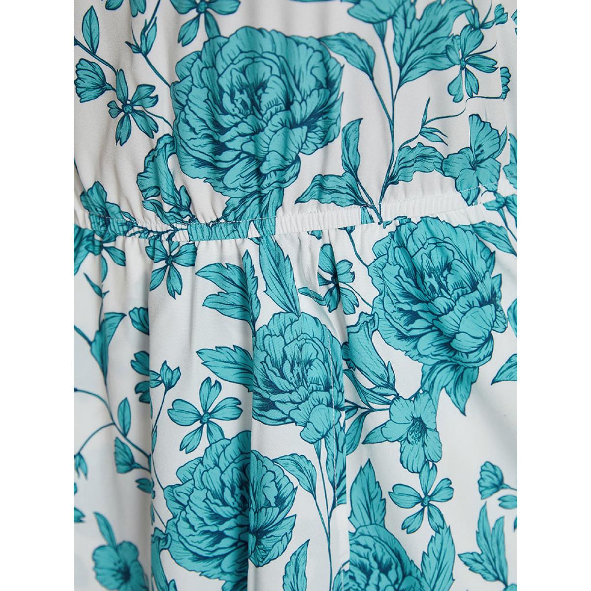 Plus Size Floral Print Pocket V Neck Asymmetrical Hem Tank Dress Teal Women Elegant Lined V-neck Sleeveless Curvy Midi Dress BloomChic 22-24/3X Product Image