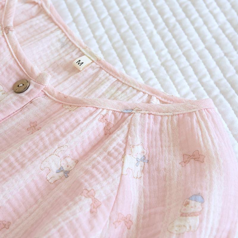 Pajama Set: Short-Sleeve Half Buttoned Print Top + Shorts Product Image