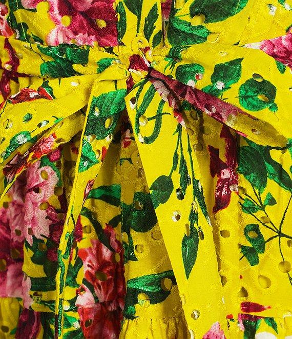 Gibson & Latimer Floral Eyelet Split Neck Elbow Puff Sleeve Button Front Scallop Hem Dress Product Image