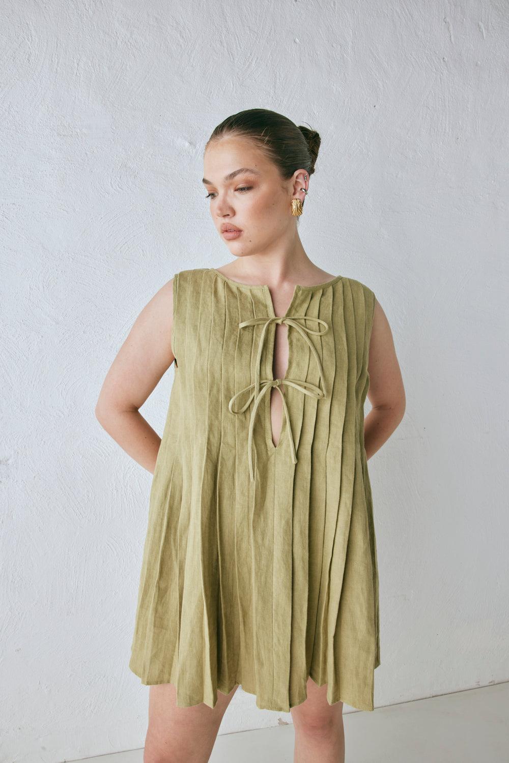 Valeria Linen Mini Dress Olive Product Image