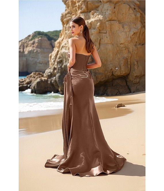Terani Couture Shimmer Knit Asymmetric Strapless High Slit Gown Product Image
