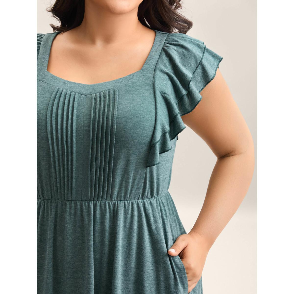 Plus Size Stretchy Flutter Sleeve Pleated Midi Dress Teal Women Knit Dresses Bloomchic 18-20/2X Product Image