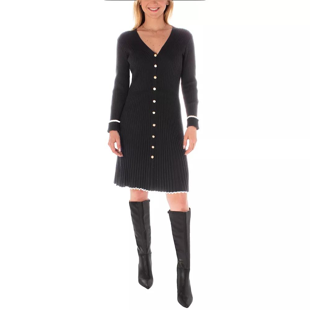 Women's Taylor Ribbed Button Down Long Sleeve Sweater Dress, Size: Large, Black Ivory Product Image