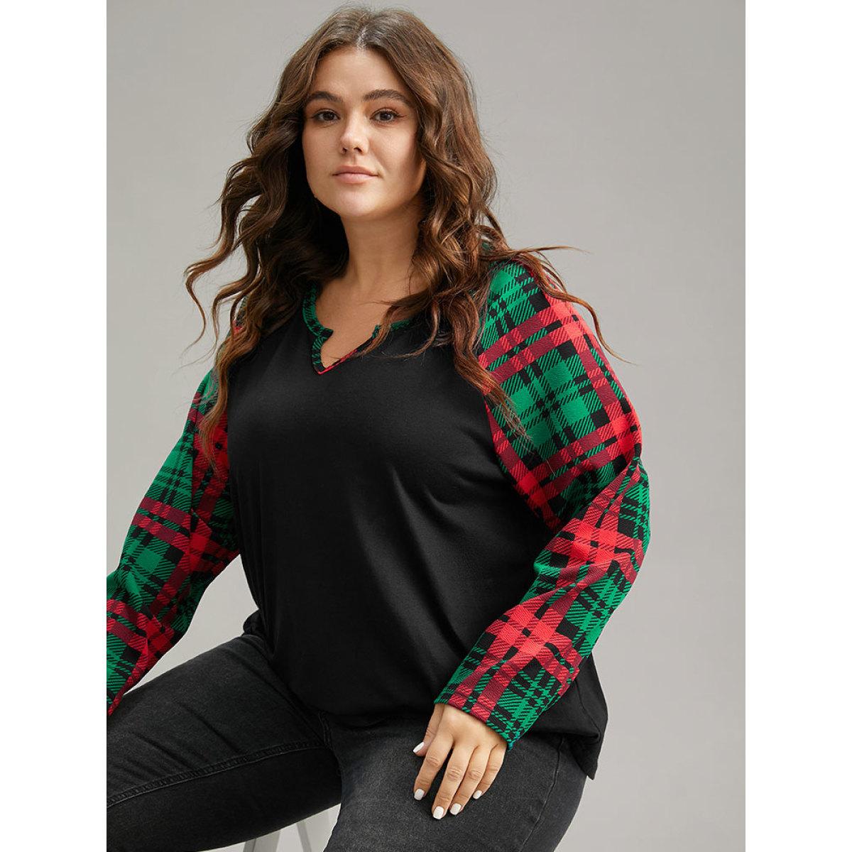 Plus Size Plaid Contrast Notched Raglan Sleeve T-shirt Black Women Leisure Contrast Plaid Casual T-shirts BloomChic 26/4X Product Image
