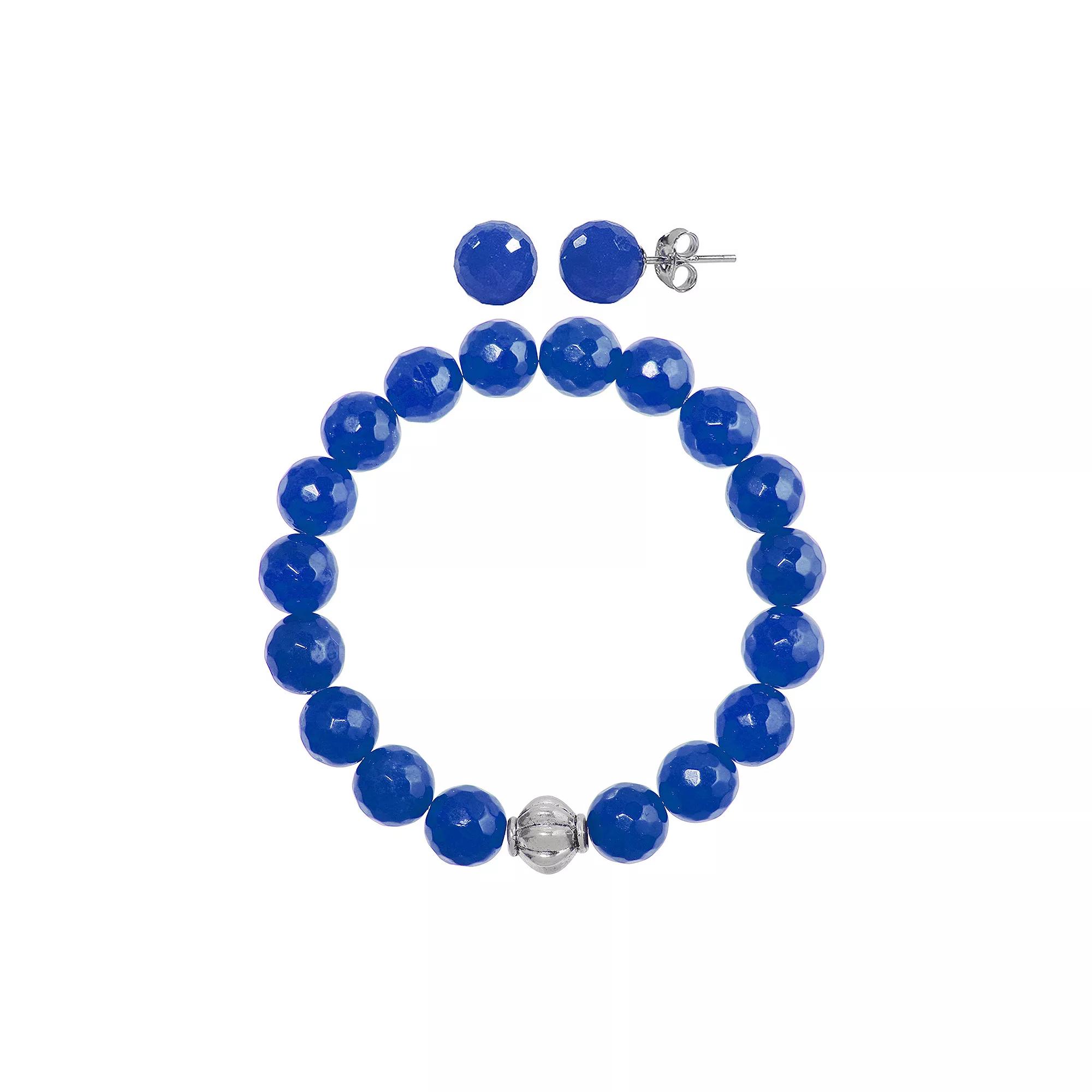 Faceted Agate 2-piece Stud Earrings & Bracelet Set, Women's, Size: 7.5", Blue Product Image