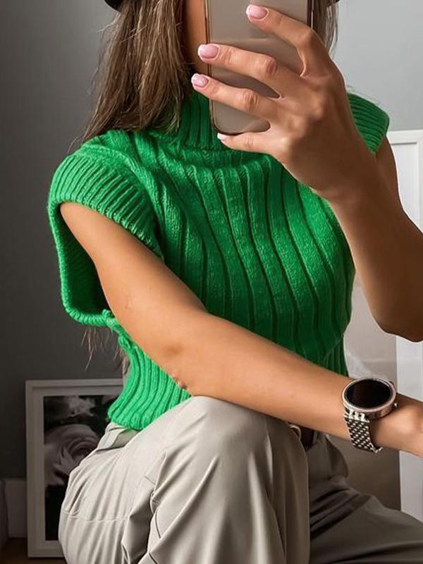 Solid Ribbed High Neck Short Sweater Vest Product Image