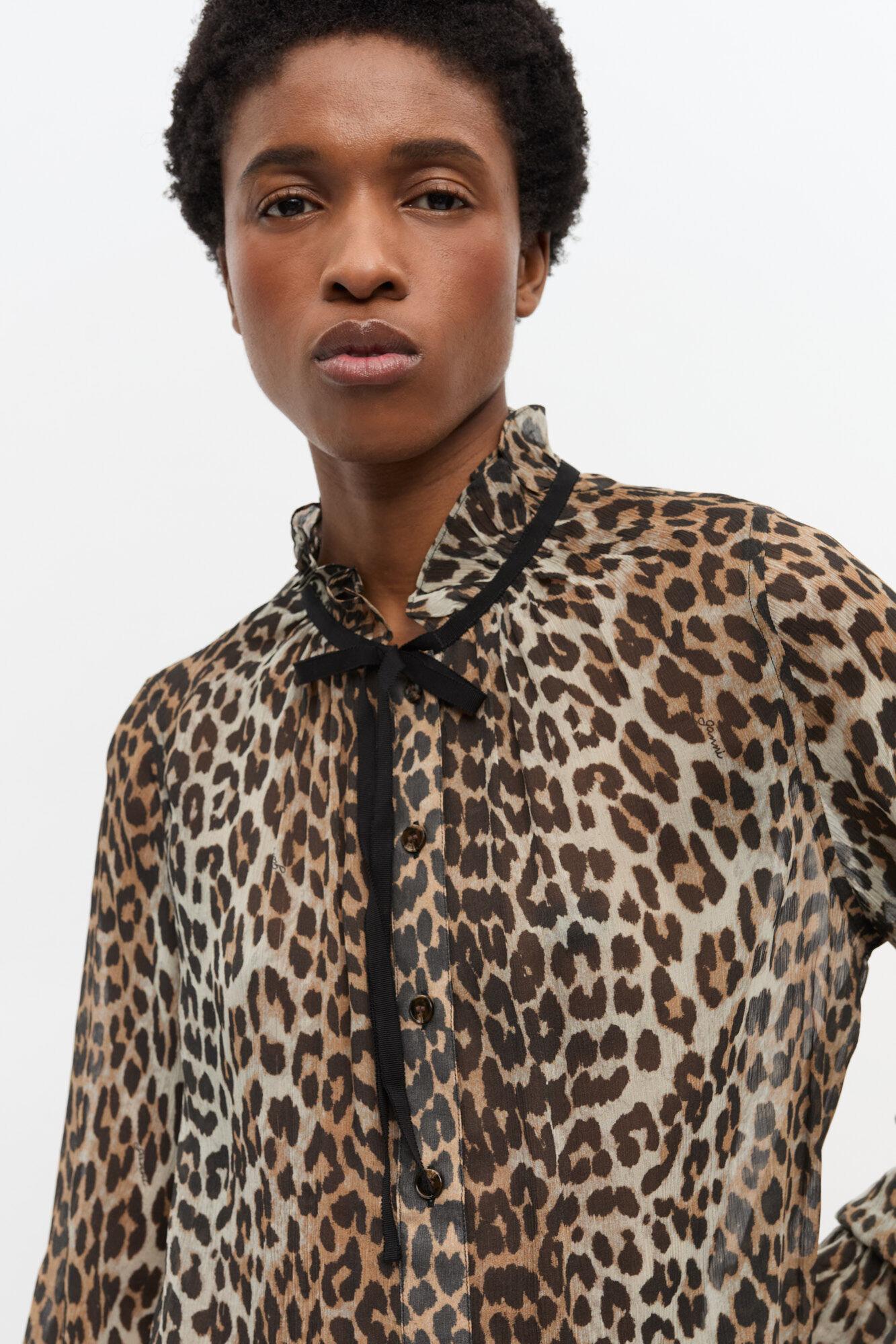 Leopard Print Chiffon Tie String Shirt Product Image