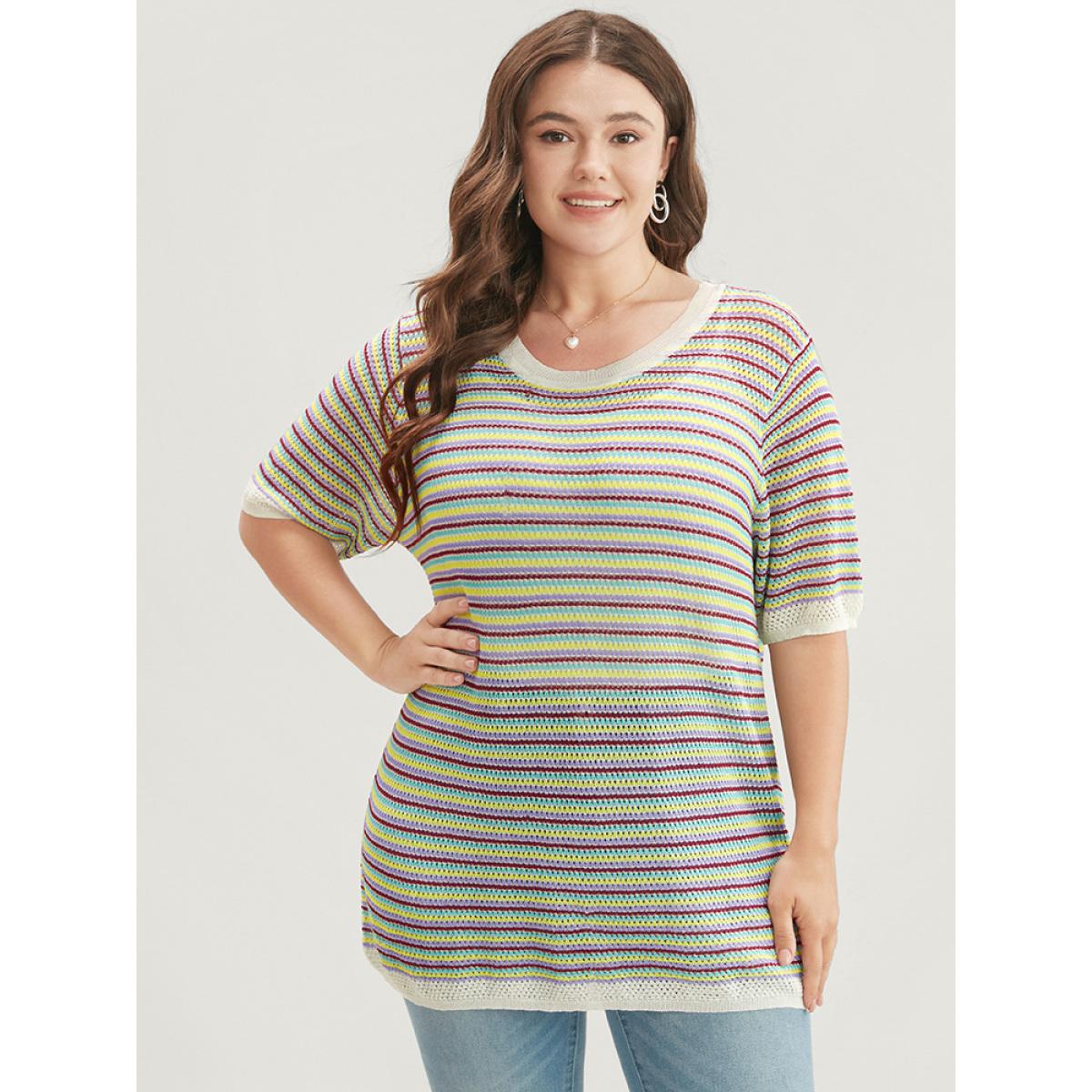 Plus Size Striped Contrast Round Neck Knit Top Multicolor Women Vacation Short sleeve Round Neck Dailywear Pullovers BloomChic 18-20/2X Product Image