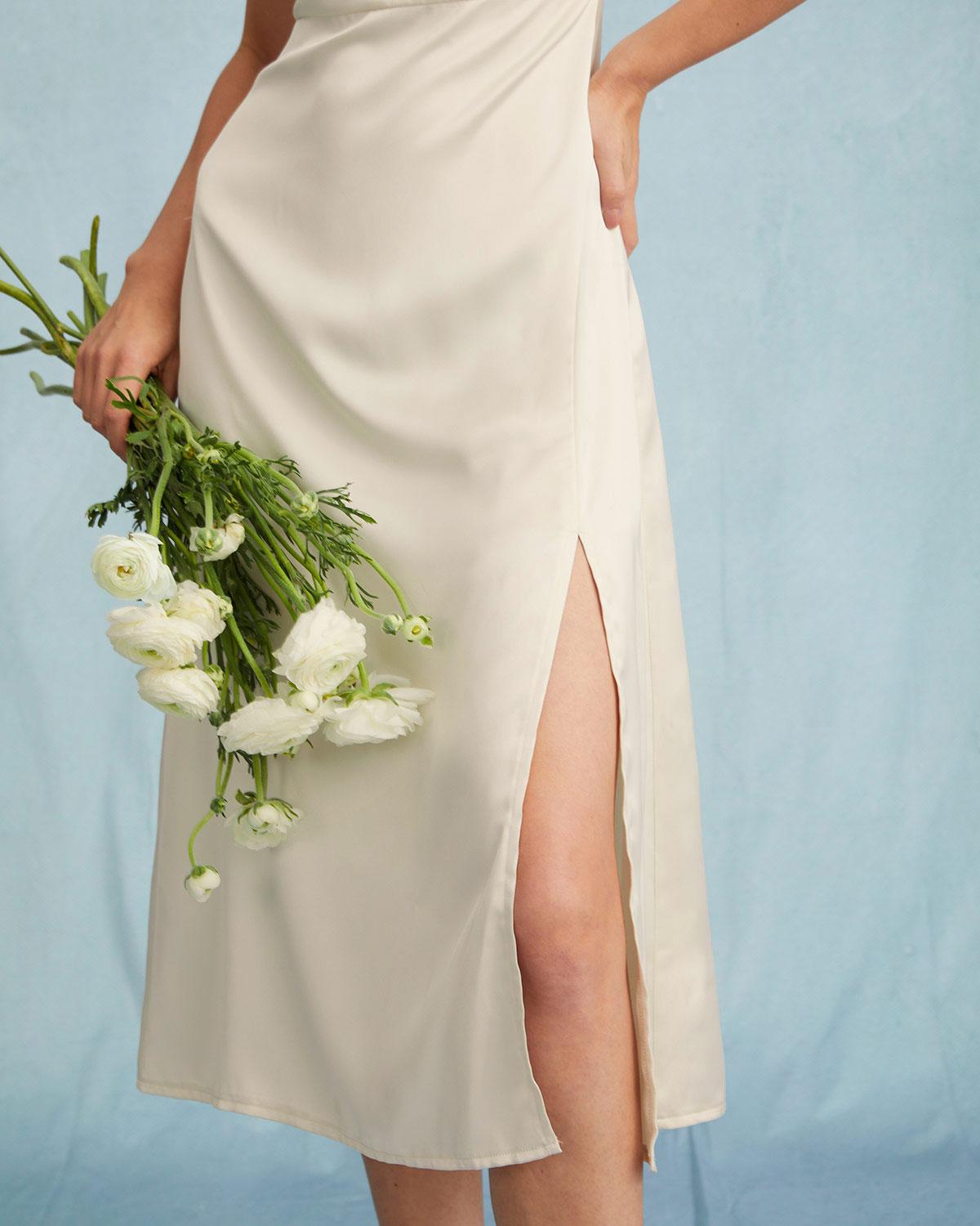The Apricot Satin Cap Sleeve Sheath Slit Midi Dress Product Image