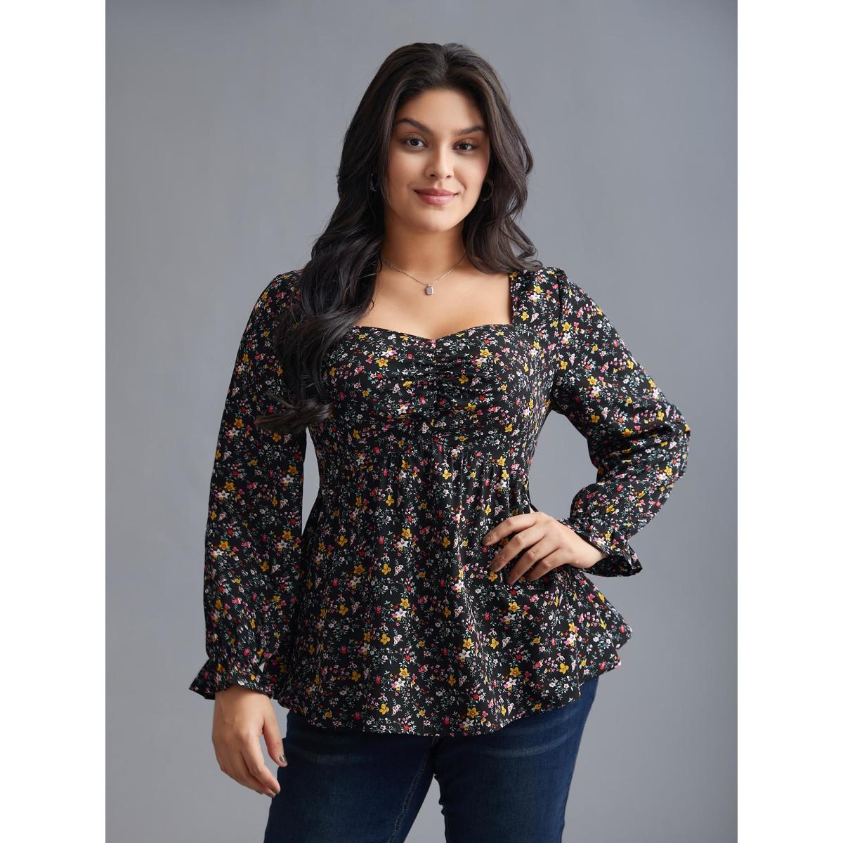 Plus Size Black Ditsy Floral Heart Neckline Gathered Blouse Women Elegant Long Sleeve Heart neckline Everyday Blouses BloomChic 28/5X Product Image
