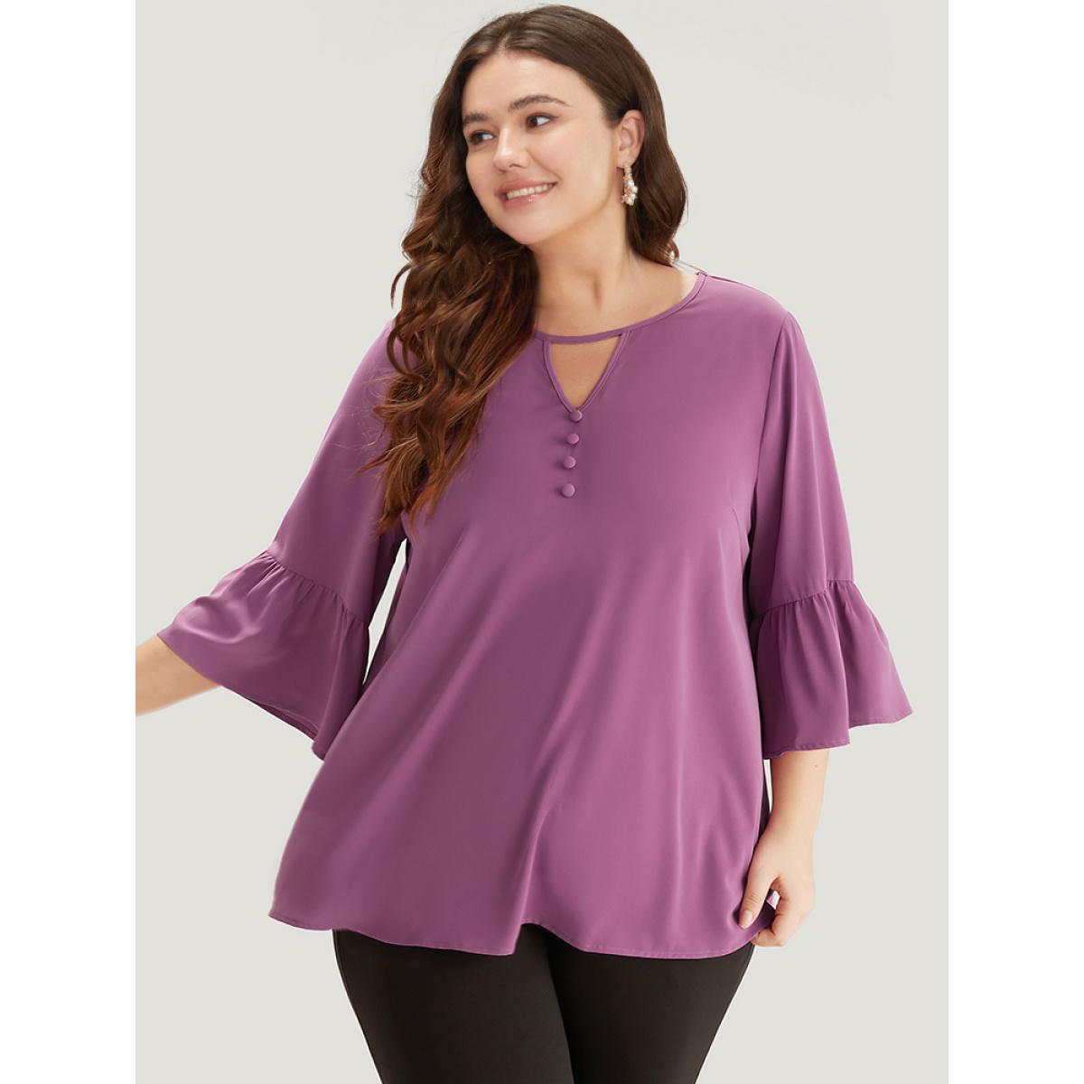 Plus Size Mauve Plain Keyhole Bell Sleeve Button Detail Blouse Women Office Elbow-length sleeve V-neck Office Blouses BloomChic 30/6X Product Image