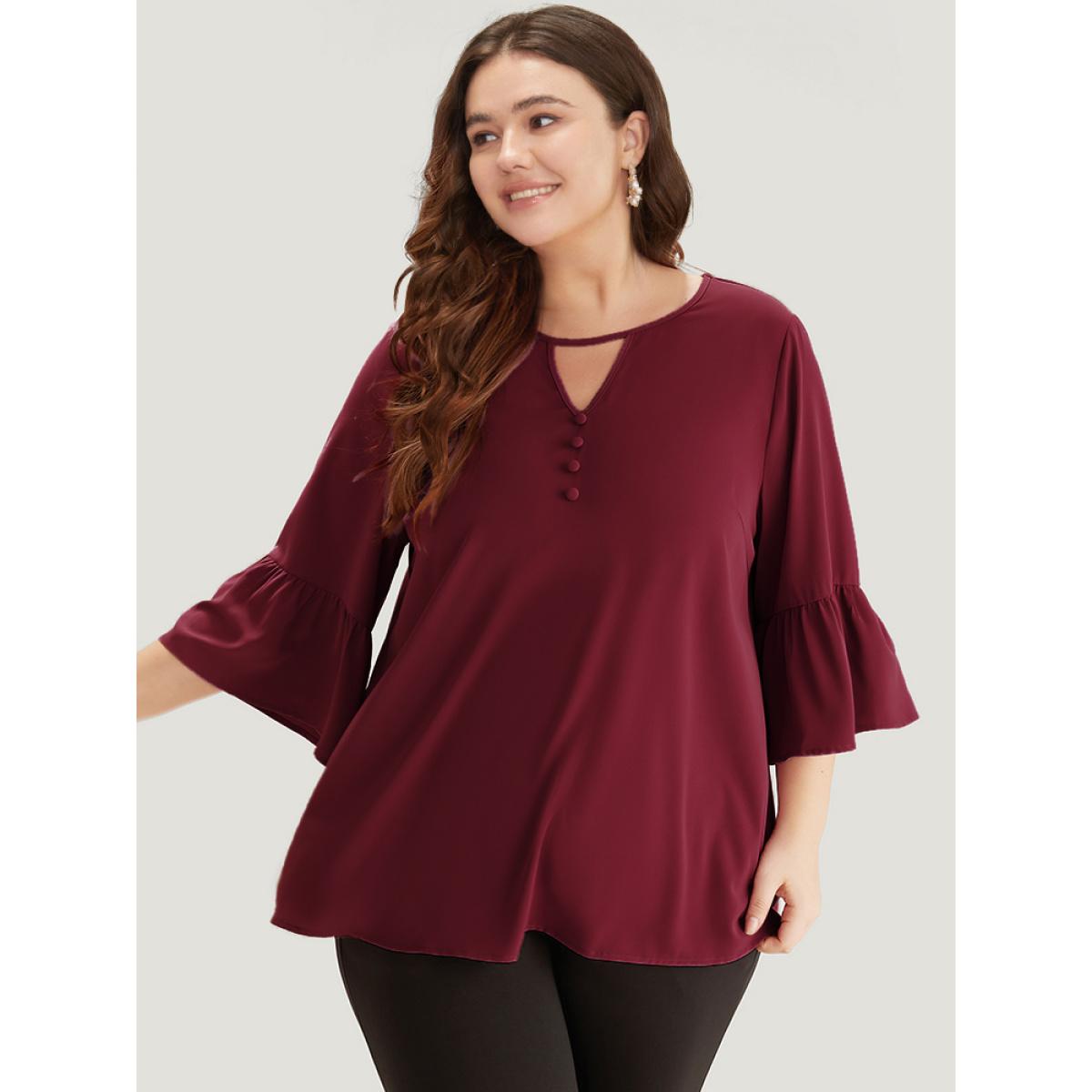 Plus Size Cyan Plain Keyhole Bell Sleeve Button Detail Blouse Women Office Elbow-length sleeve V-neck Office Blouses BloomChic 14-16/1X Product Image