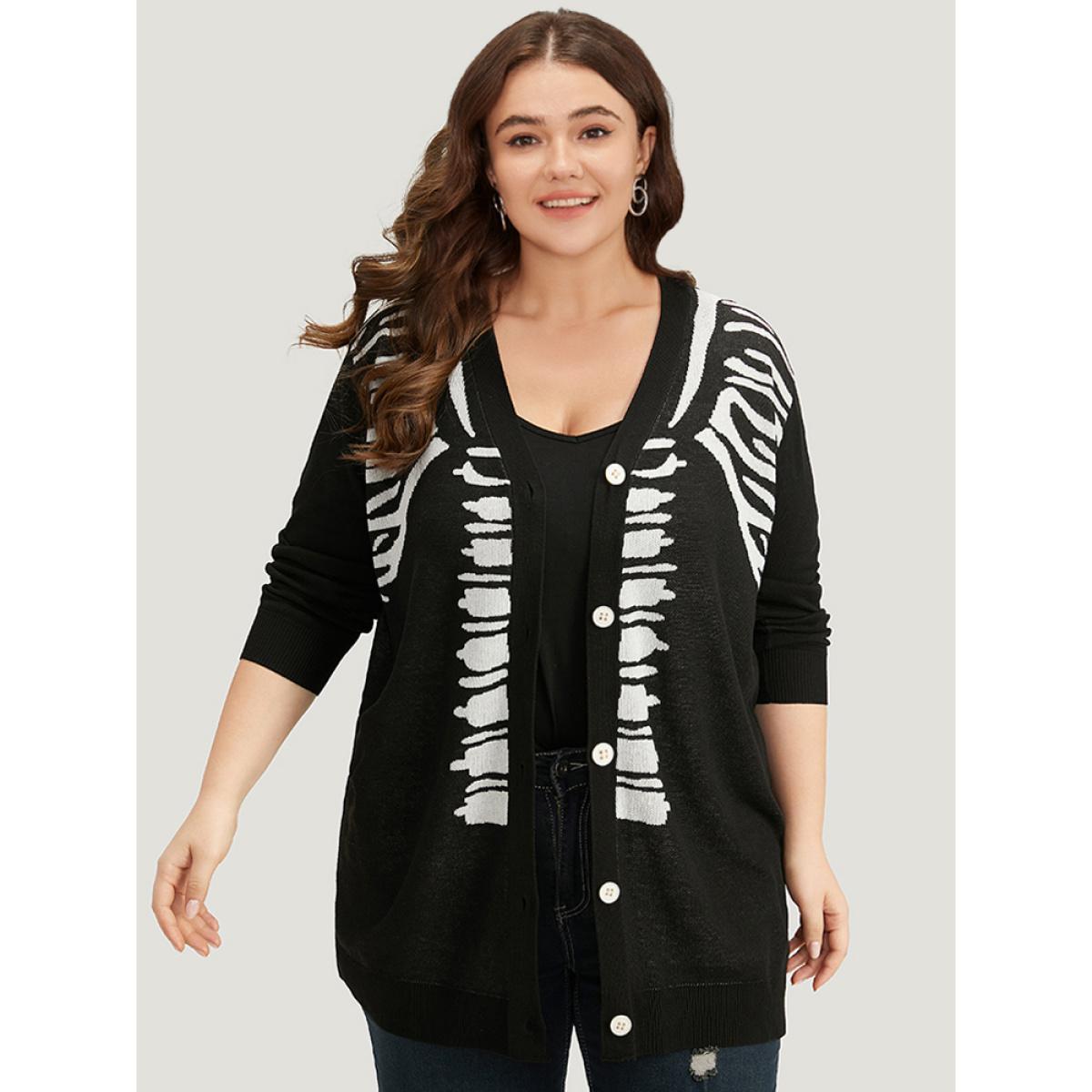 Plus Size Halloween Skull Print Slightly Stretchy Cardigan Black Women Casual Loose Long Sleeve Festival-Halloween Cardigans BloomChic 12/L Product Image