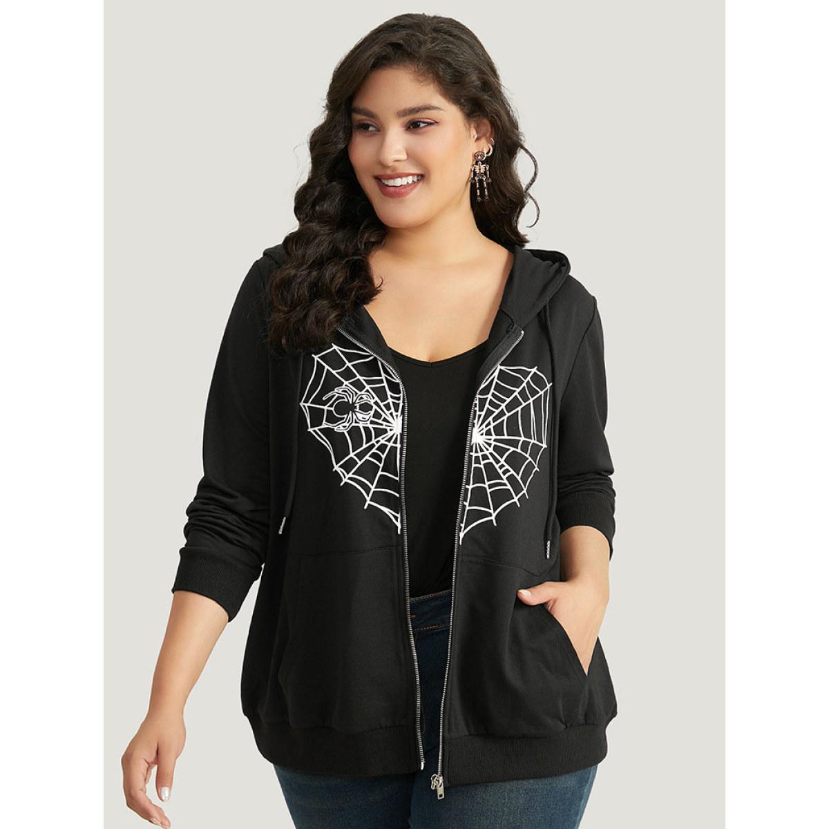Plus Size Halloween Spider Web Print Pocket Zipper Sweatshirt Women Black Casual Elastic cuffs Festival-Halloween Sweatshirts BloomChic 28/5X Product Image