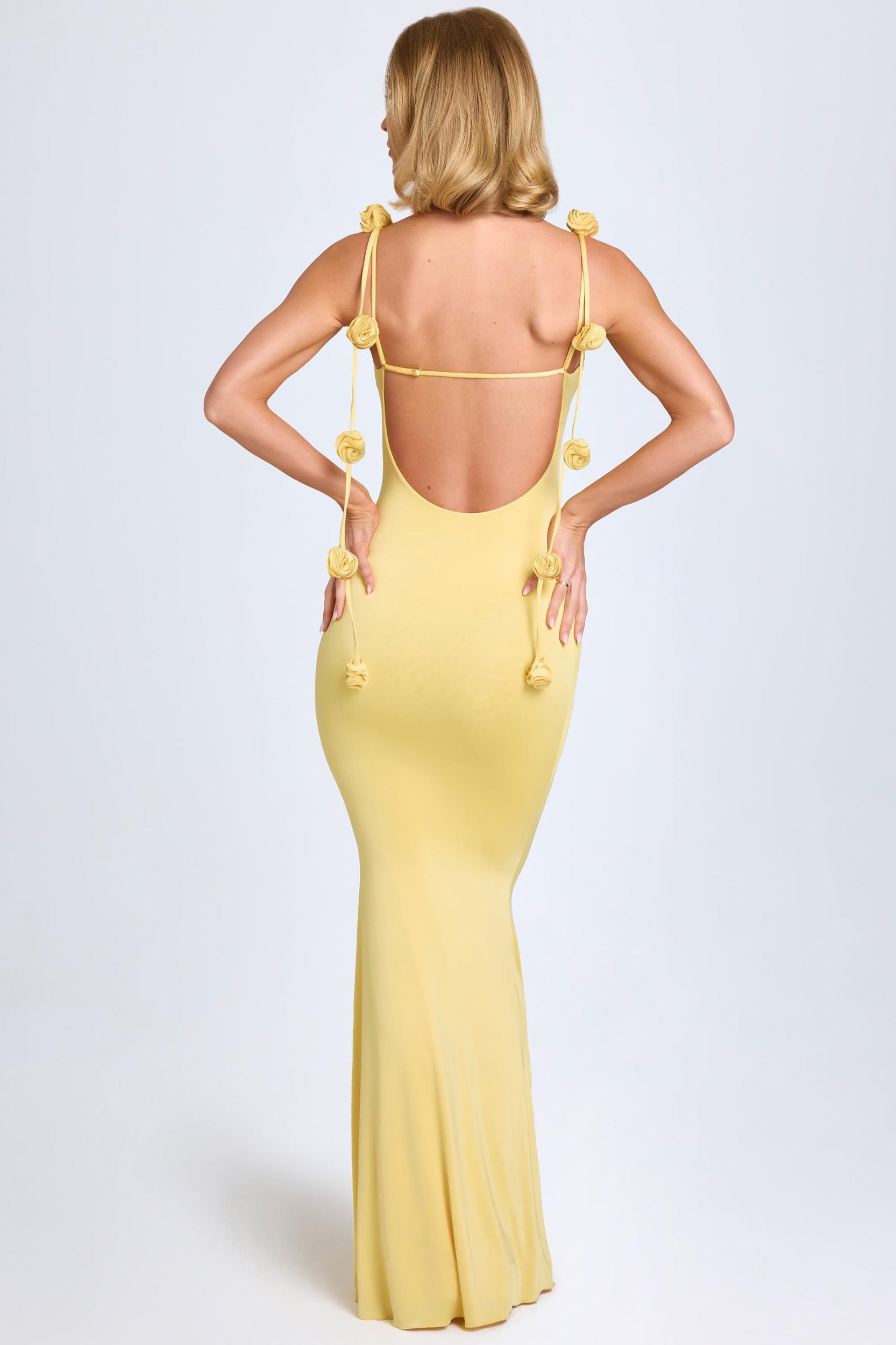 Slinky Jersey Floral-Appliqué Gown in Pastel Yellow Product Image