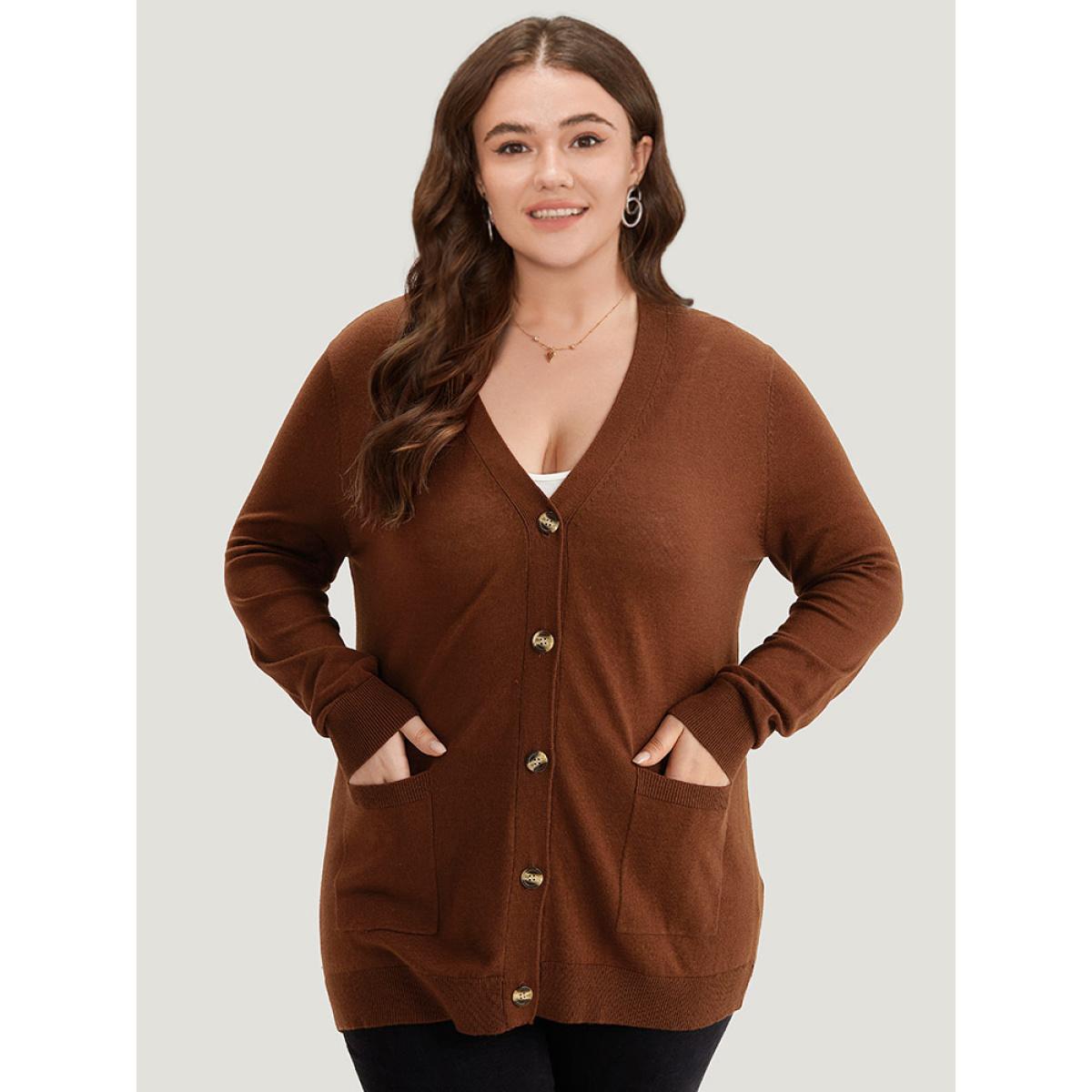 Plus Size Supersoft Essentials Button Up Patched Pocket Cardigan Maroon Women Casual Loose Long Sleeve Everyday Cardigans BloomChic 12/L Product Image